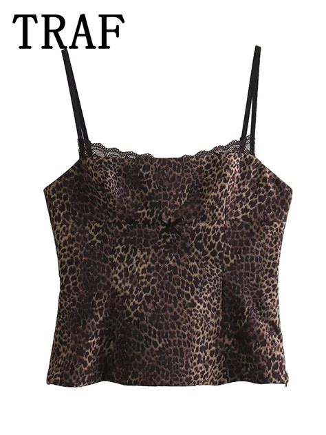 Traf Leopard Print Crop Top Female Off Shoulder Short Tops For