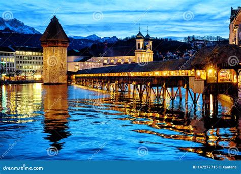 Lucerne, Switzerland, the Old Town and Chapel Bridge in the Late ...