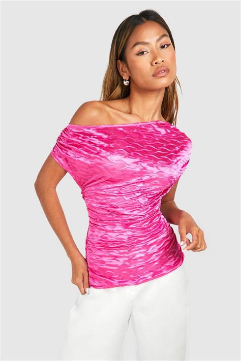 Textured Satin Asymmetric Ruched Top Boohoo Uk