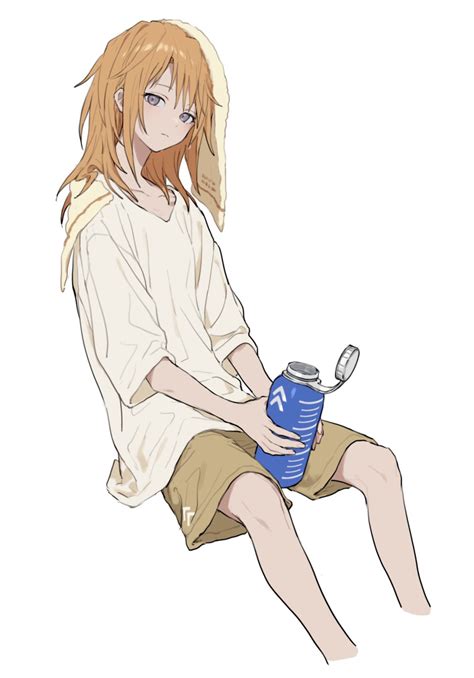 Safebooru 1girl Baggy Clothes Bangs Bottle Brown Shorts Closed Mouth