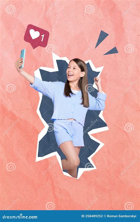 Vertical Collage Picture Of Excited Delighted Girl Make Selfie Raise