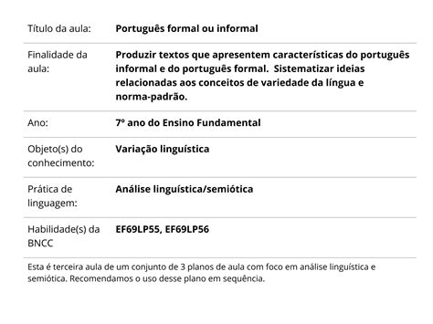 Plano De Aula Ano Portugu S Formal Ou Informal