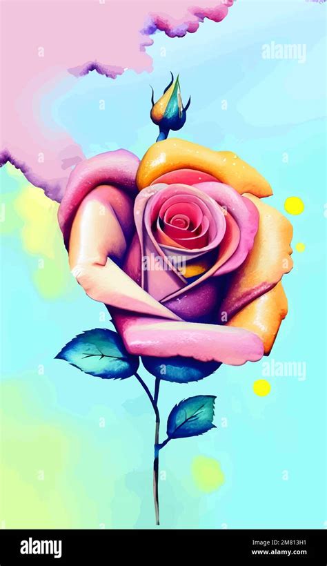 Vector Watercolor Roses Isolated On Painted Pastel Blue Background