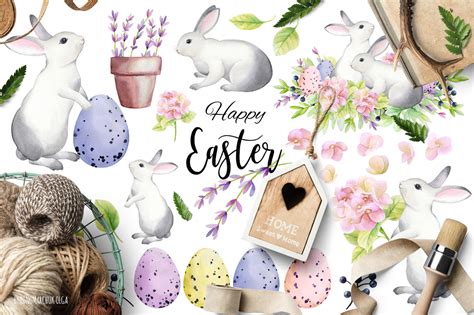 Happy Easter Watercolor Set Illustrations Design Bundles