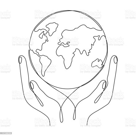 Human Hands Holding Earth Globe Continuous Line Art Drawing Stock