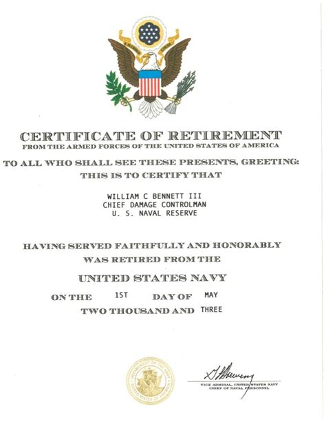 Billy Bennett Retirement Certificate USN