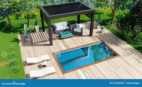 3d Illustration Top View Of Outdoor Terrace With Pool And Pergola Stock