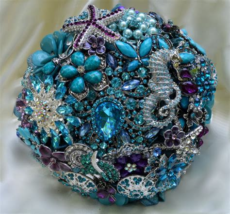 Custom Bridal Brooch Bouquet for Beach Wedding in Teal Silver Turquoise ...