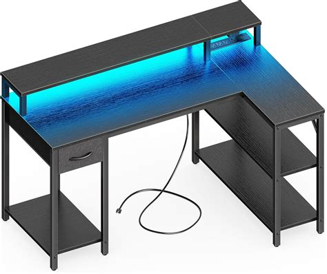 Superjare 47 Inch Reversible L Shaped Desk With Led Lights And Power