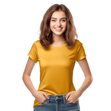 Premium Ai Image A Woman Wearing A Yellow T Shirt With The Word