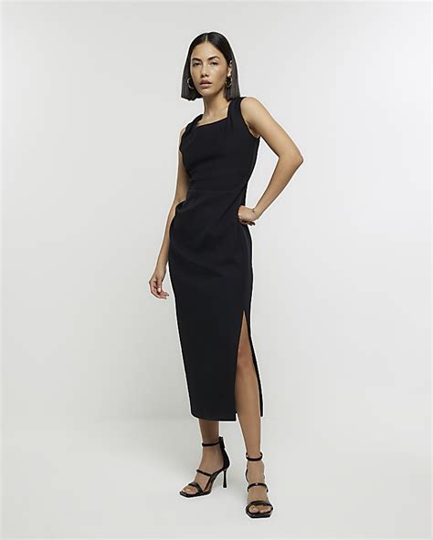 Black Ruched Bodycon Midi Dress River Island