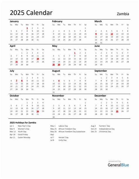 2025 Zambia Calendar With Holidays