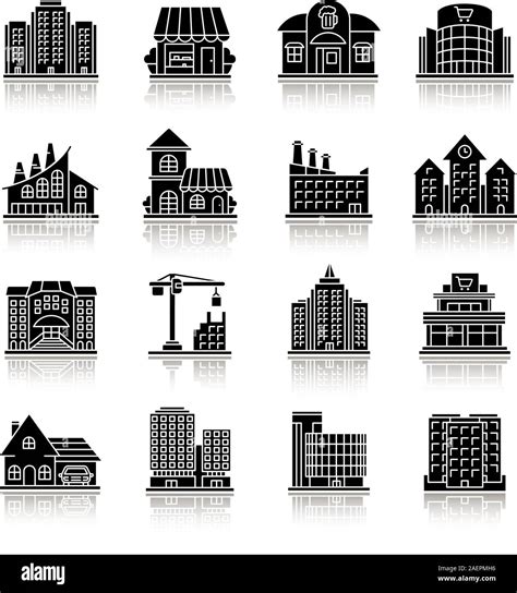 City Buildings Drop Shadow Black Glyph Icons Set Town Architecture