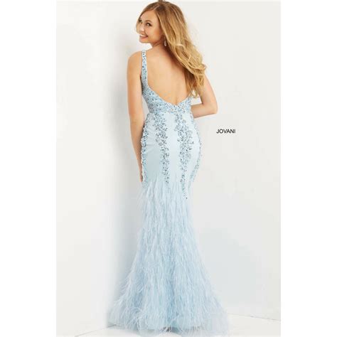 Jovani Light Blue Plunging Neck Embellished Prom Dress 08140