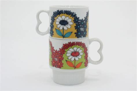 Vintage Stackable Mugs Made In Japan Floral Stacking Japanese Etsy