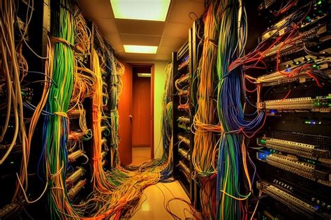 Cabos de fibra óptica conectados a portas ópticas no data center Foto