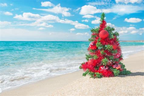 Rvore De Natal Na Praia Do Mar Conceito Das F Rias Do Natal Foto De