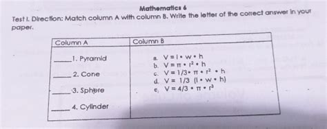 Solved Mathematics Test I Direction Match Column A With Column B