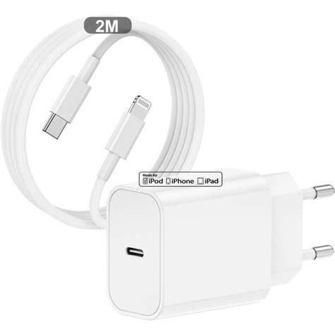 Chargeur Rapide Usb C 20W Avec Câble Lightning 2M Certifié Apple Mfi