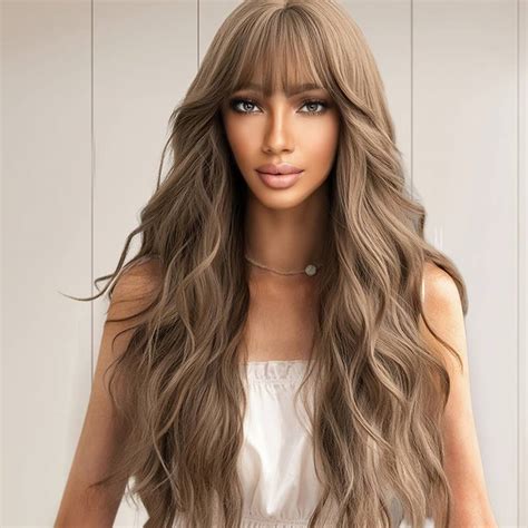 Butterfly Haircut Long Light Brown Wigs With Bangs Synthetic Fiber Wavy Wigs For Women Long