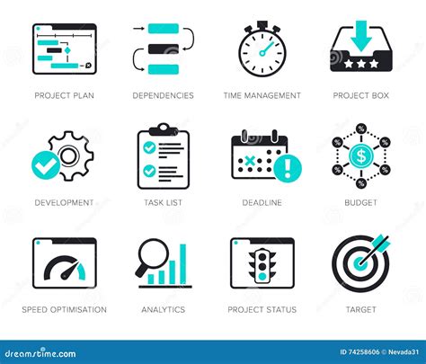 Iconos De La Gestión Del Proyecto Fijados Ilustración del Vector