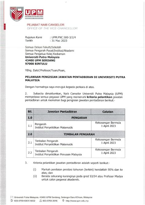 Pelawaan Pengisian Jawatan Pentadbiran Upm April Bil