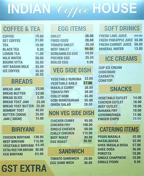 Menu of Indian Coffee House, Marine Drive, Kochi