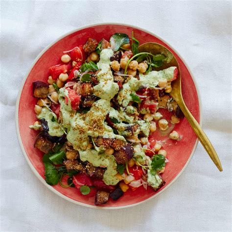 Thomasina Miers’ Roast Aubergine Salad With Chickpeas And Green Tahini Sauce The Simple Fix