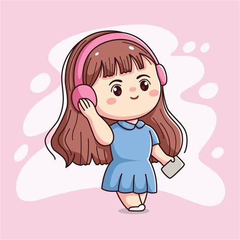 Cute Happy Girl With Headphone Listening Music Kawaii Chibi Flat