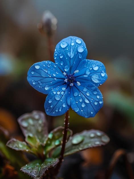 Premium Photo A Blue Flower With Water Droplets On Its Petals And