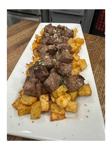 Air Fryer Garlic Butter Steak Bites And Potatoes Cooking In The Midwest