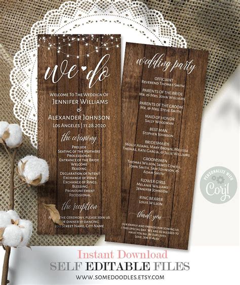 Rustic Wedding Program, Printable Editable Template, Instant Download ...