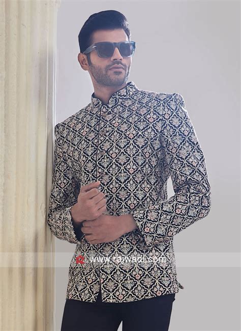 Navy Blue Thread Embroidered Jodhpuri Suit