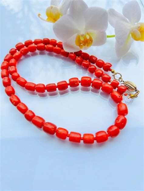 Genuine Undyed Red Coral Beaded Necklace With Karat Gold Clasp