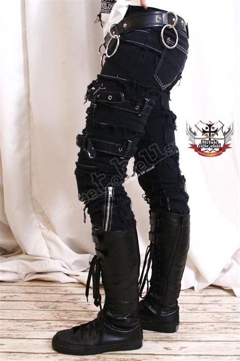 Punk Emo Skinny Fray Buckle Stretch Black Denim Jeans