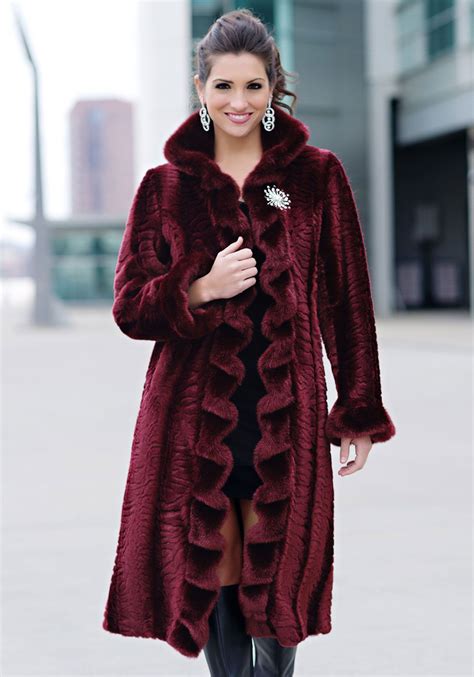 Burgundy Ruffled Broadtail Faux Fur Full Length Coat Faux Fur Full