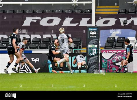 Swansea Wales 18 May 2024 Will Reed Of Dragons RFC Scores His Sides