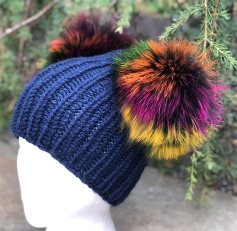 Chunky Cashmere Navy Blue Beanie Hat Handmade Double Multicolor