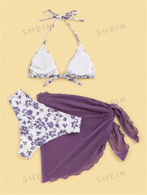 SHEIN Swim Mod Summer Beach Floral Print Halter Triangle Bikini Set