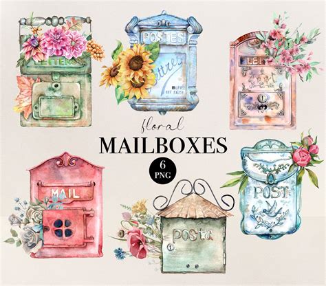 Watercolor Mailboxes Clip Art Postal Vintage Letter Box With