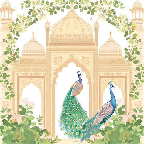 Traditional Mughal Arch Garden With Peacock Indian Illustration