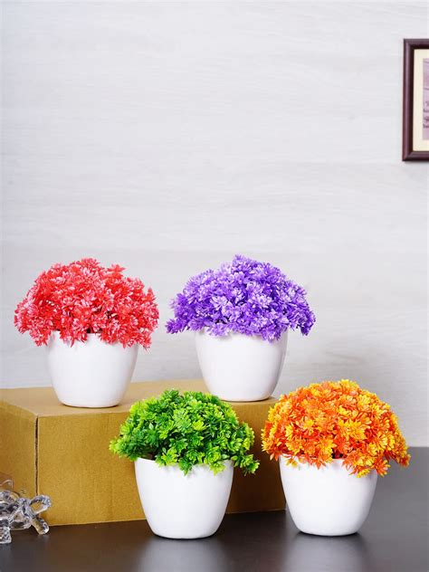 Dekorly Set Of 4 Mini Colorful Artificial Plants Potted Fake Bonsai