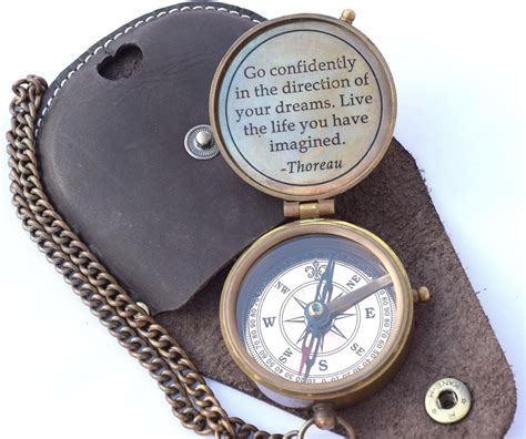 Thoreau S Go Confidently Quote Engraved Compass With Stamped Leather Case Camping Compass