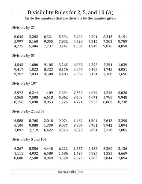 Divisibility Rules Worksheet