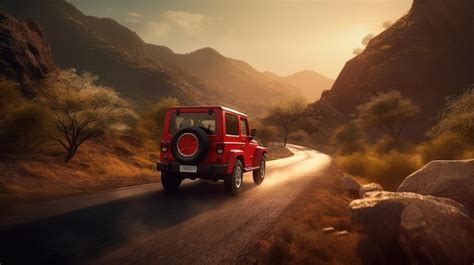 Premium AI Image A Red Jeep Wrangler Driving Down A Road With