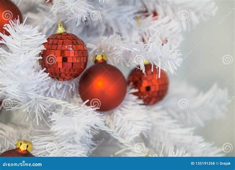 Beautiful Decorated White Christmas Tree with Red Bulbs and Lights ...