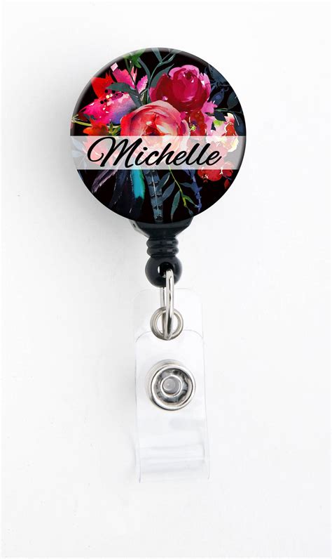 Retractable ID Badge Holder Red Floral Bouquet Personalized Name Badge