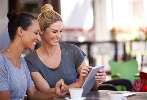 Coffee Shop Women And Laugh Together With Tablet For Social Media Meme