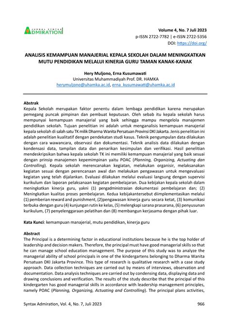 Pdf Analisis Kemampuan Manajerial Kepala Sekolah Dalam Meningkatkan