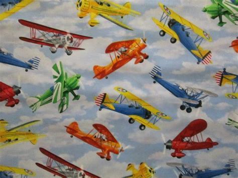 Prop Planes Vintage Airplane Colorful Sky Blue Cotton Fabric Etsy